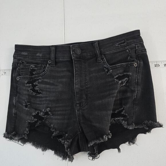 American Eagle Hi-Rise Shortie Women's 8 Black Distressed Denim Jean Shorts 6245 - Picture 1 of 11